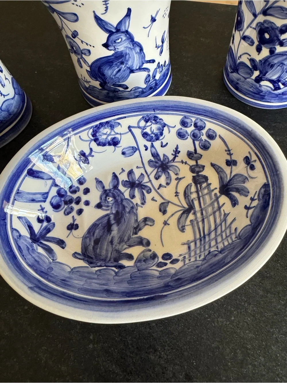 Casafina Portugal Hand Painted Blue White Chinoiserie Bath Set Rabbit Floral
